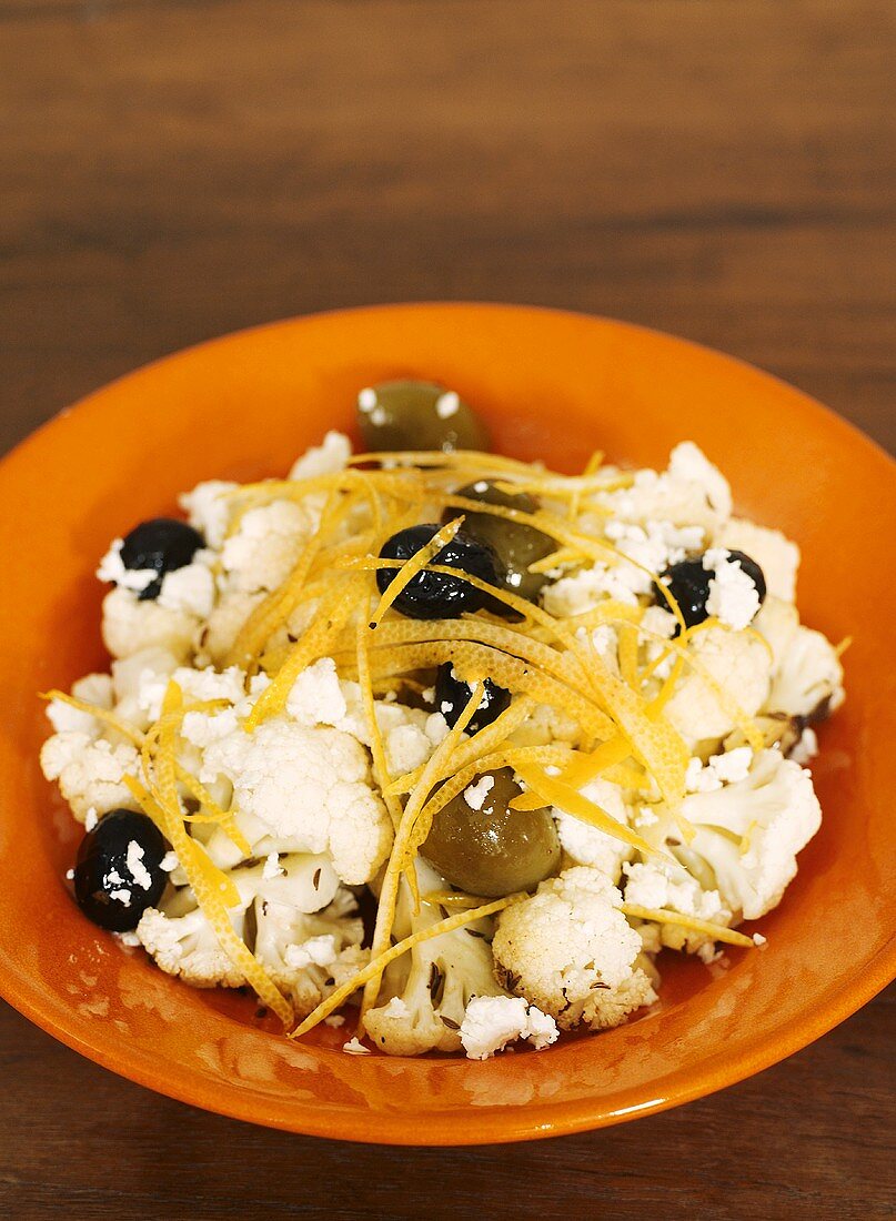 Cauliflower salad with olives and lemon zest