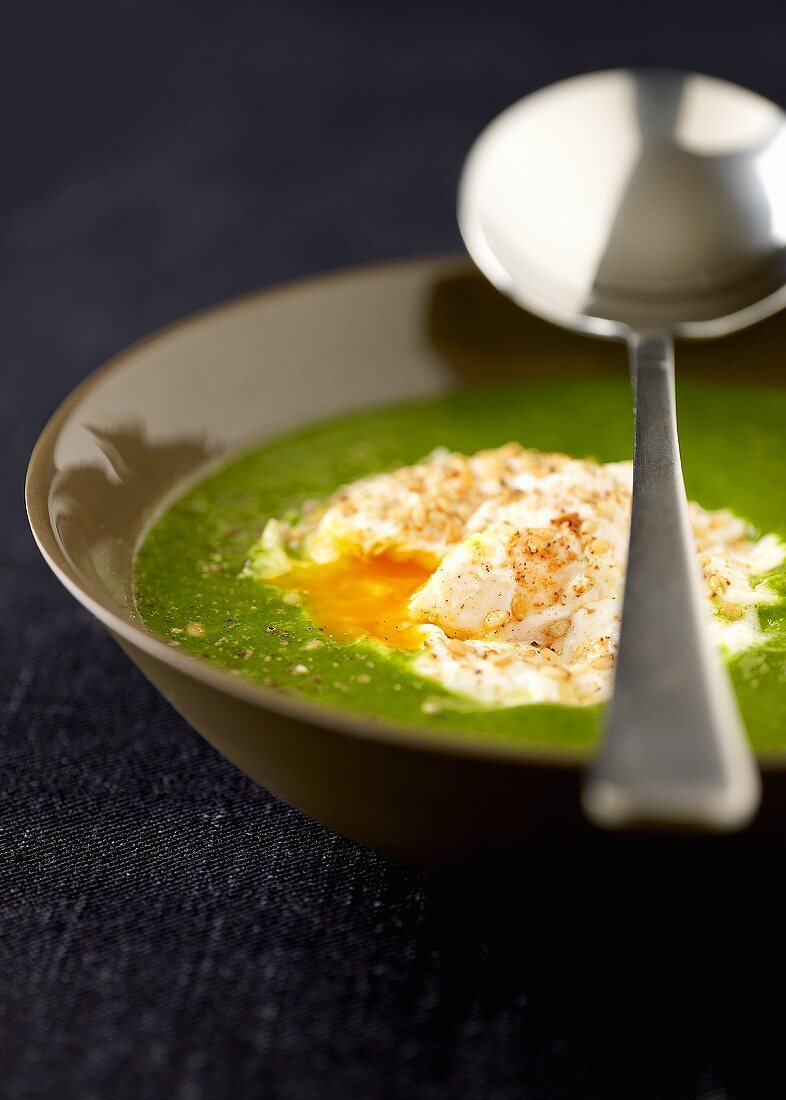 Herb soup with poached egg