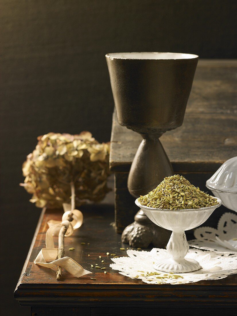 Fennel seeds in a small pedestal dish