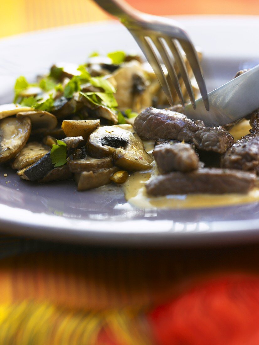 Boeuf Stroganoff with button mushrooms and parsley