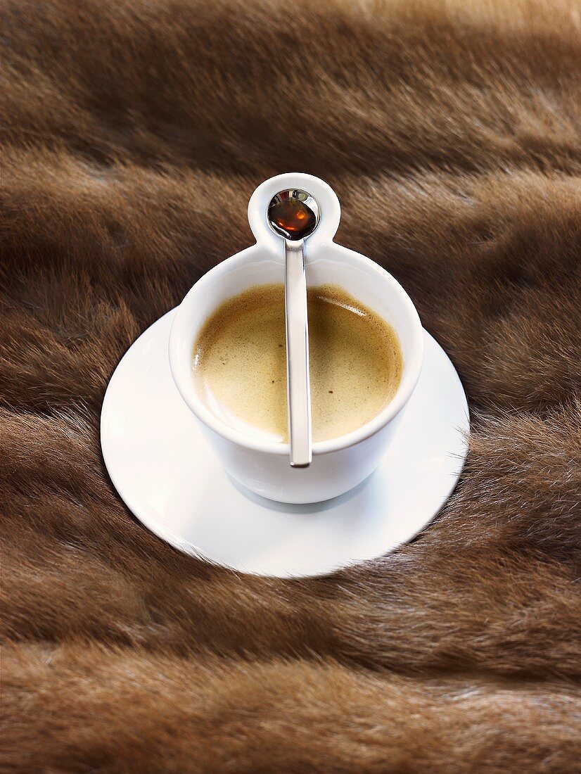 A cup of espresso with vanilla extract on a fur