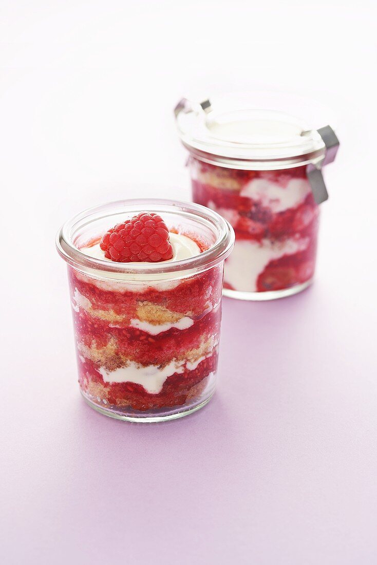 Raspberry and rose tiramisu in two preserving jars