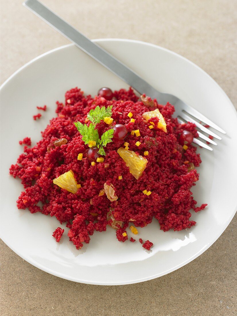 Beetroot couscous with citrus fruit