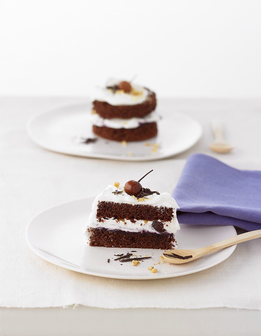 Stück Schokobiskuit-Frischkäsetorte mit Blaubeeren