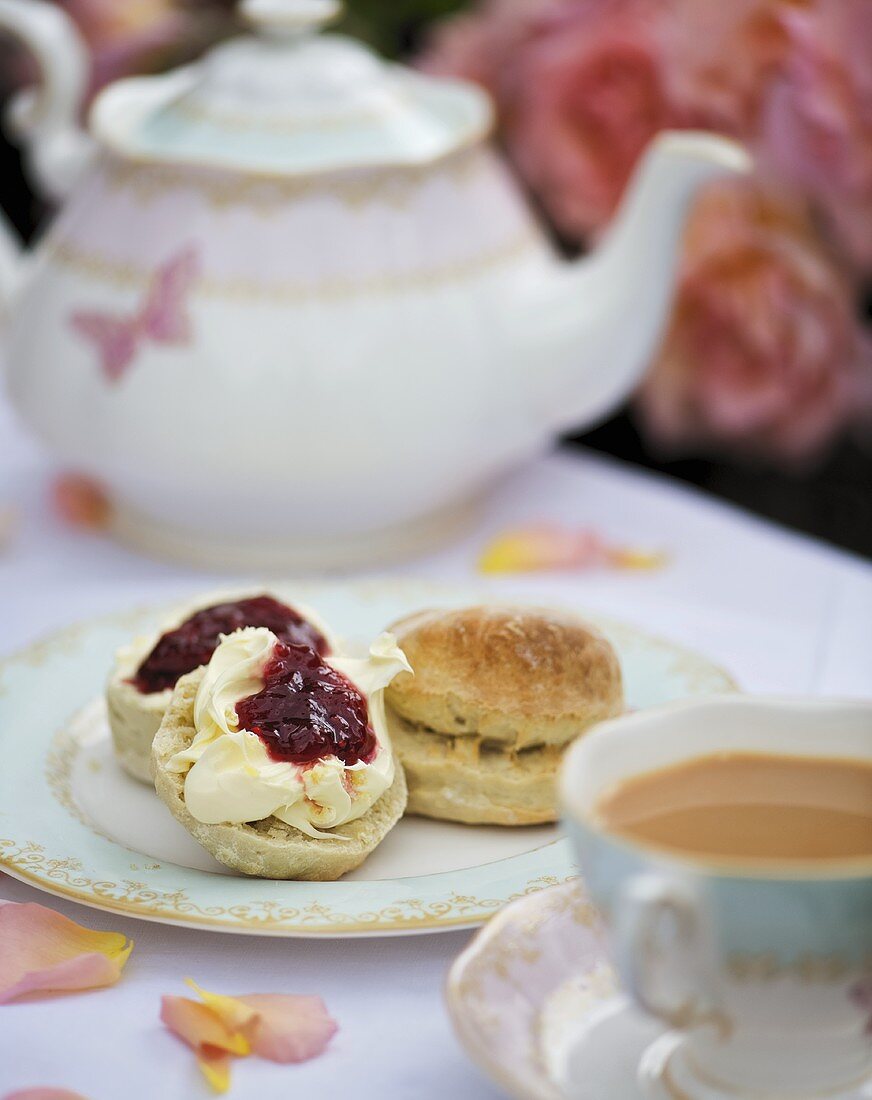 Scones with clotted cream and jam and tea