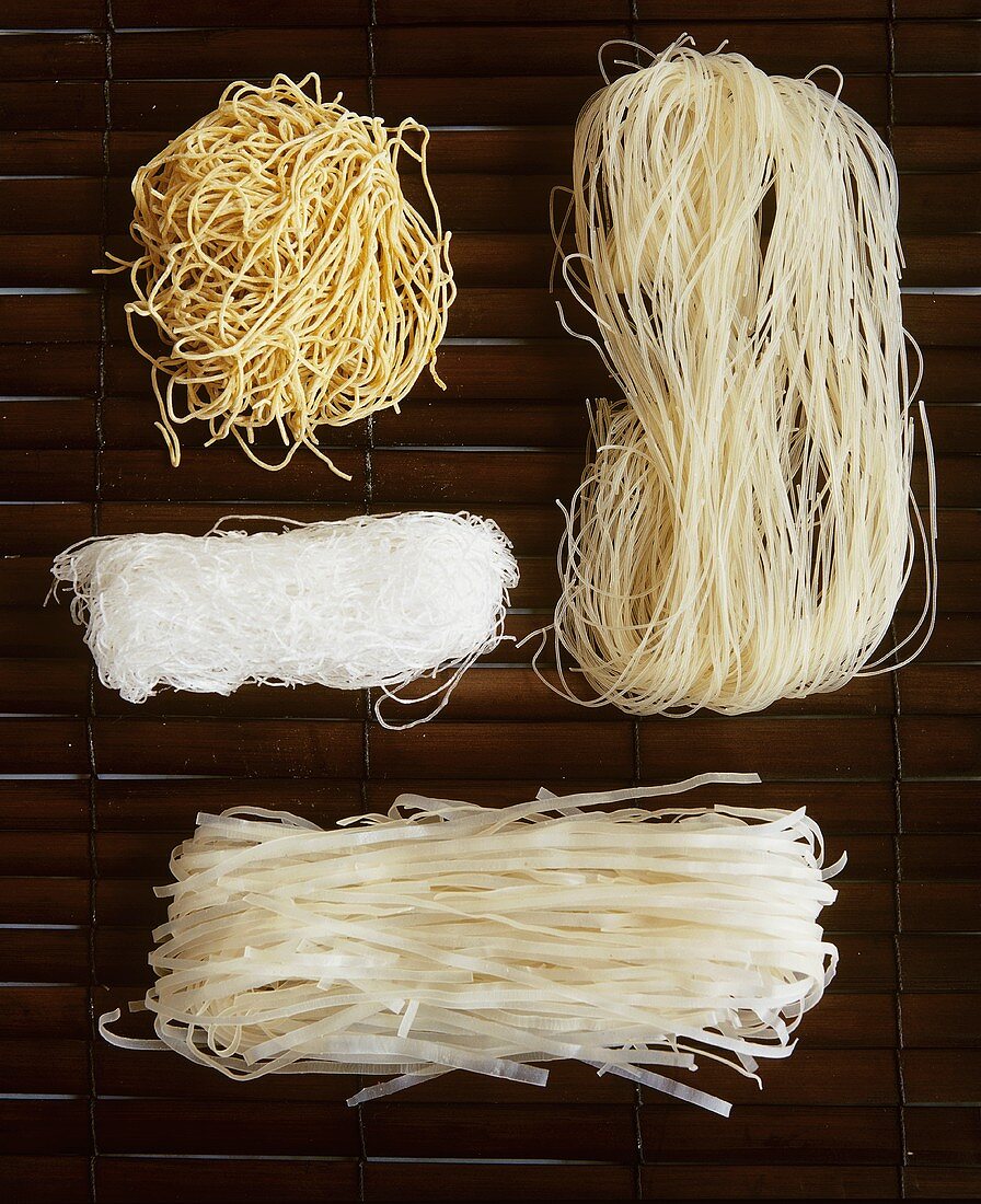 Four different types of Asian noodles