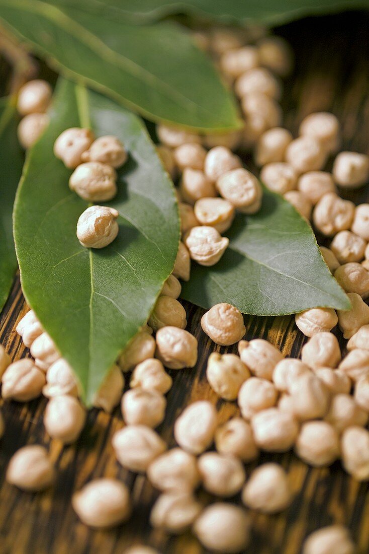 Dried chick-peas and fresh bay leaves