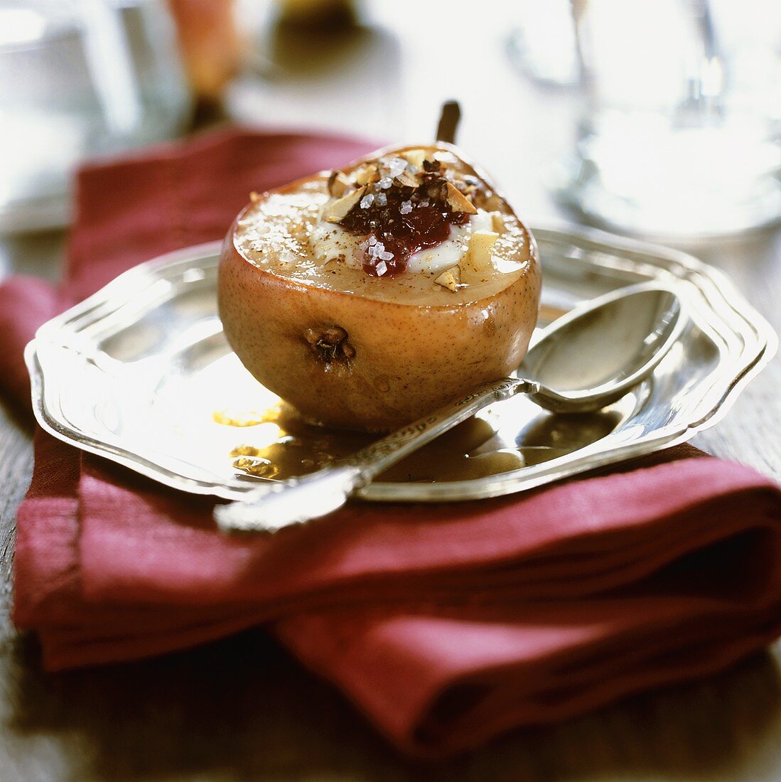 Caramelised pear stuffed with cheese and jam
