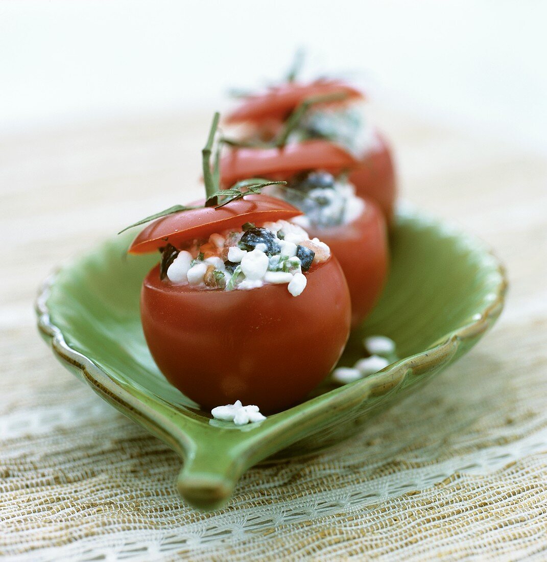 Mit Hüttenkäse und Oliven gefüllte Tomaten