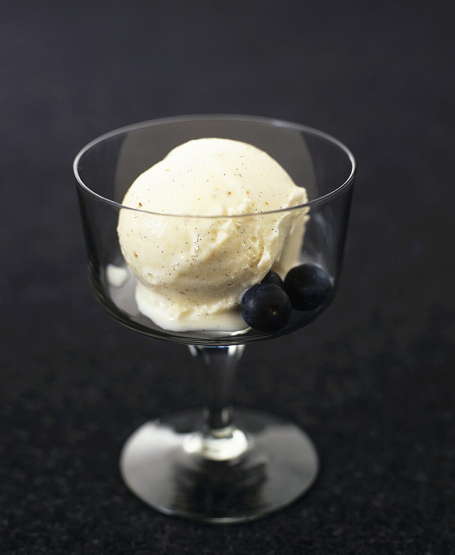 A scoop of vanilla ice cream and blueberries in sundae glass