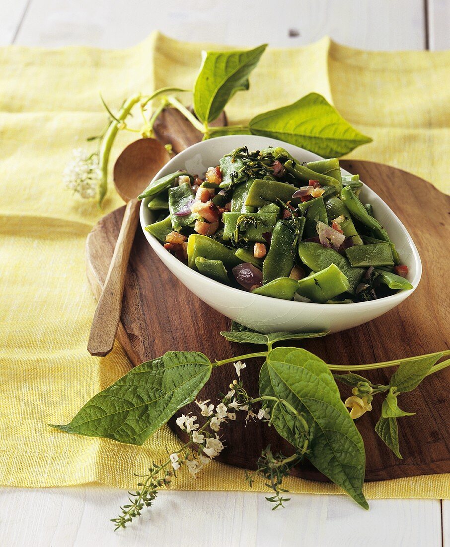 Bean salad with bacon, onions, winter savory, parsley