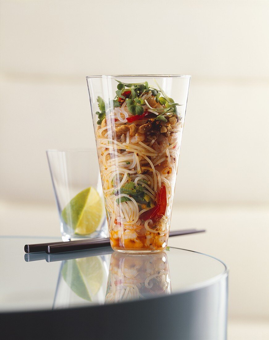 Asian glass noodle salad with shrimps in a glass