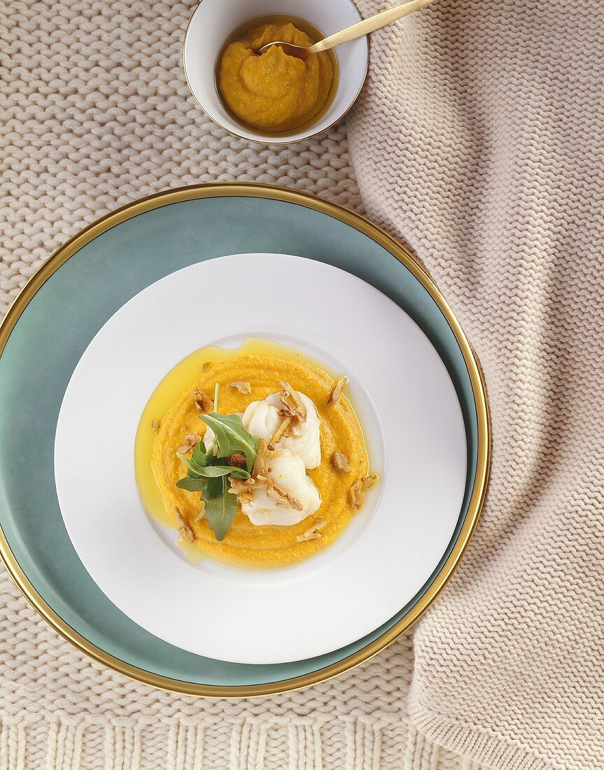 Monkfish medallions with walnuts on pumpkin puree