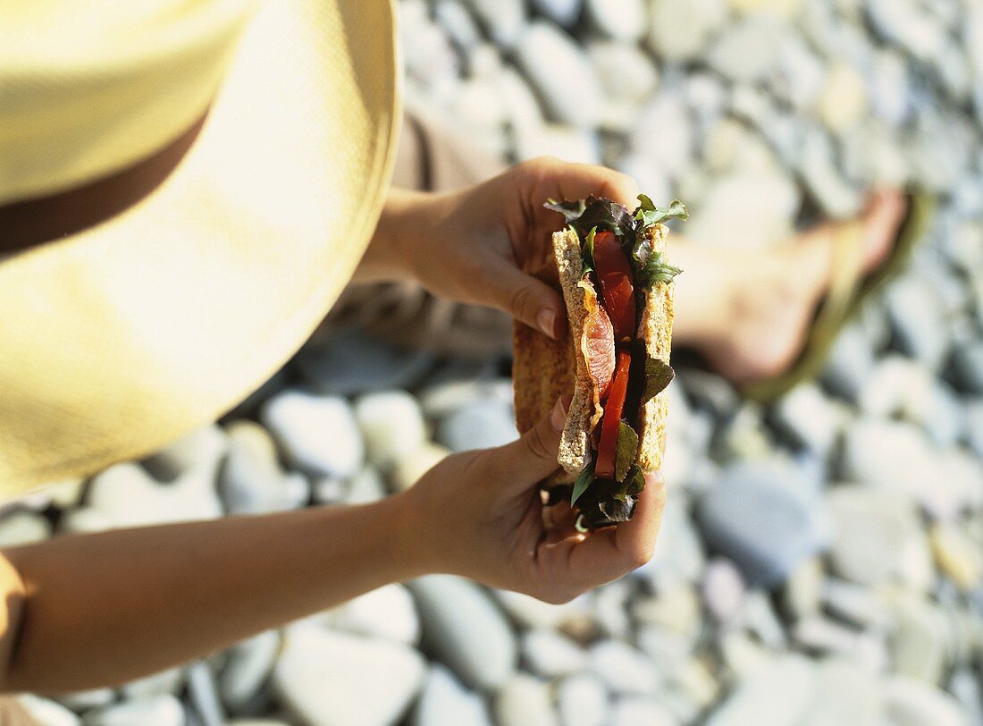 Frau sitzt auf Steinen mit einem Sandwich