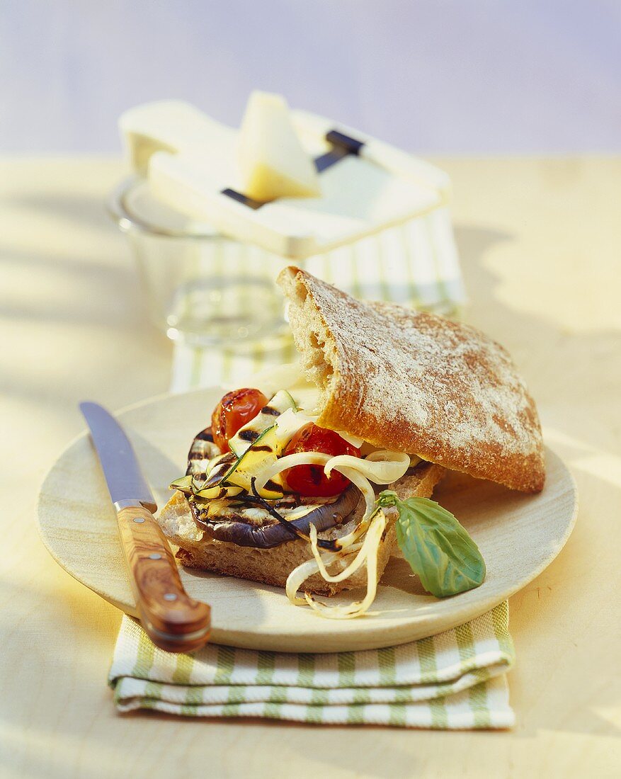 Grilled vegetables and cheese in ciabatta