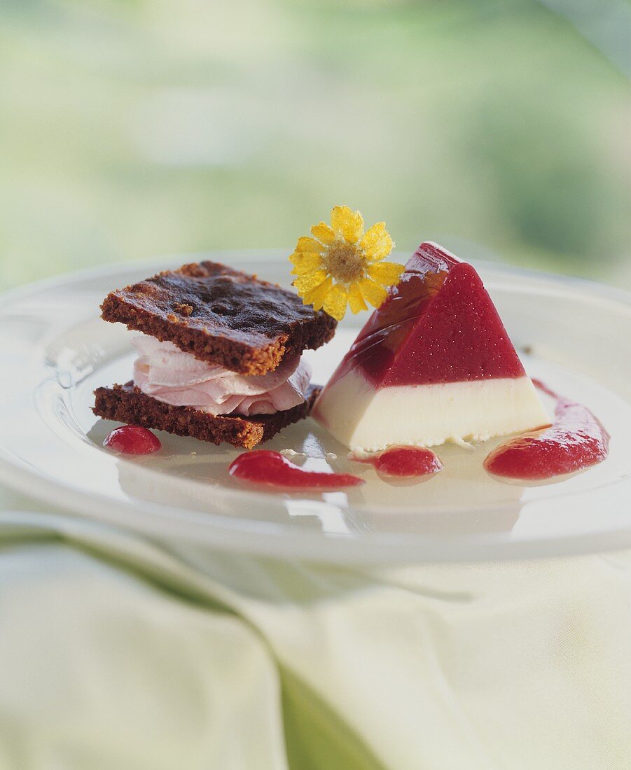 Cassis-Vanillecreme-Terrine mit Schoko-Johannisbeer-Törtchen