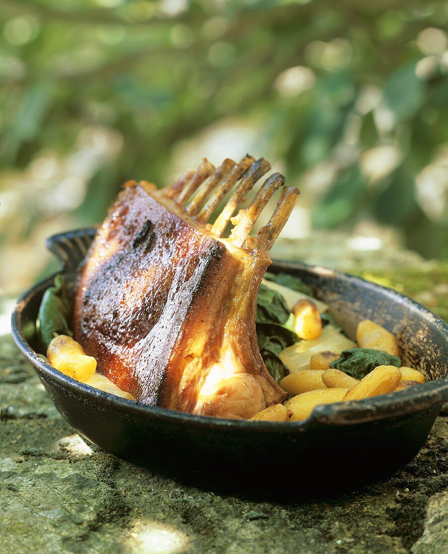 Roast rack of lamb with vegetables