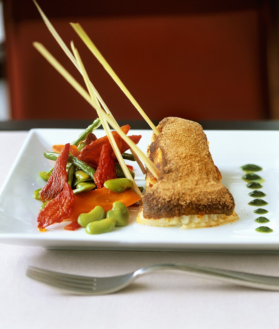 Fried fish fillet with beans