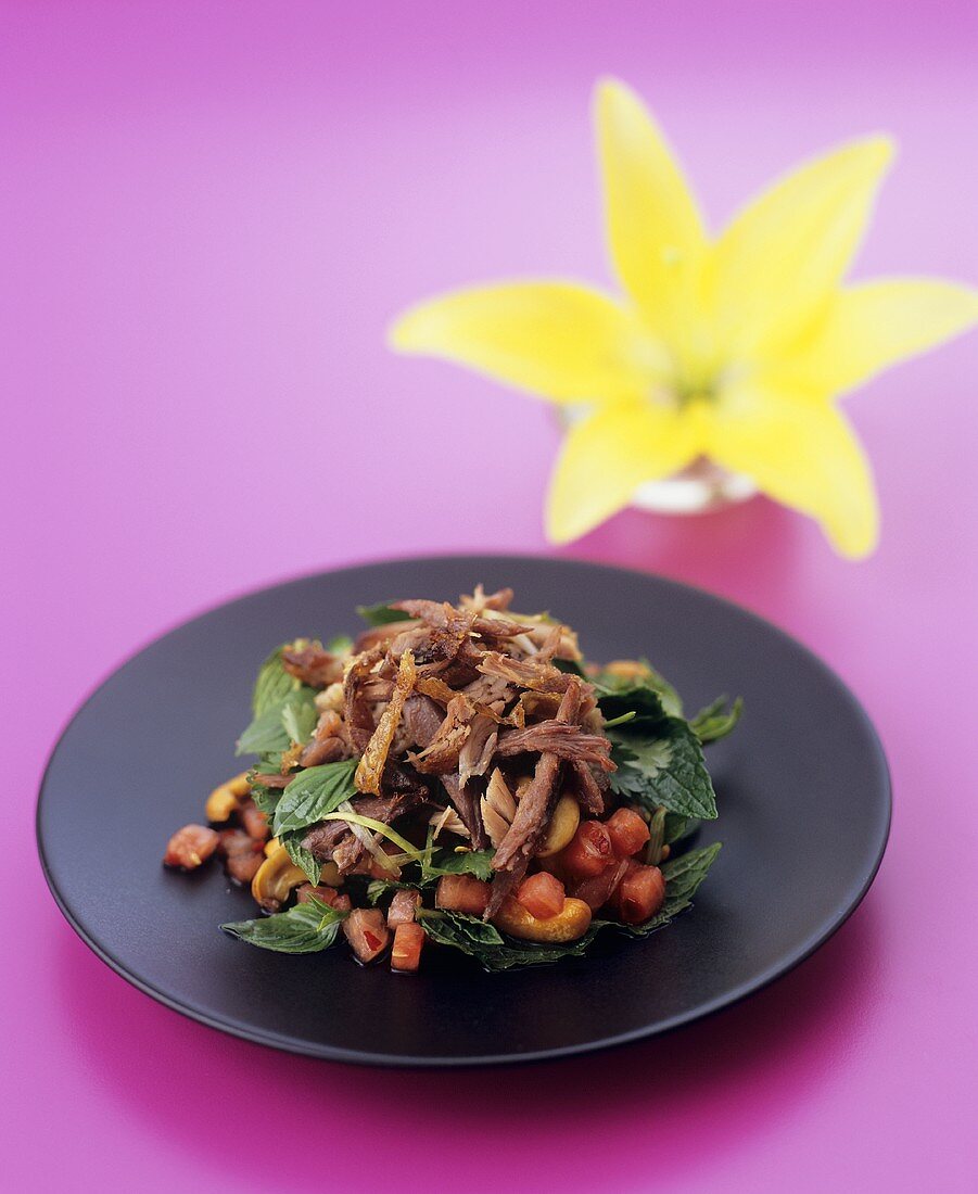 Duck and melon salad with cashew nuts and Asian dressing
