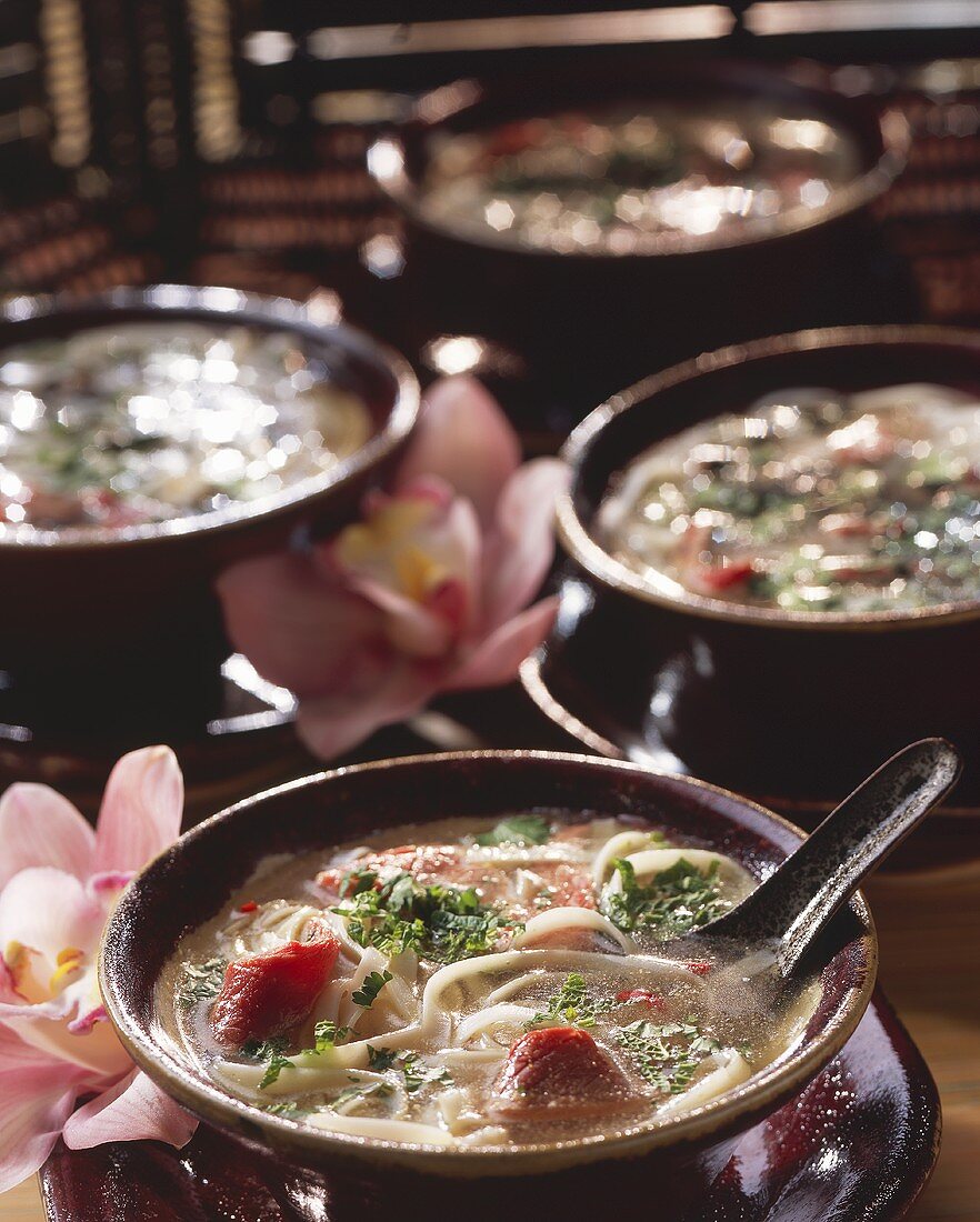 Asiatische Suppe mit Rinderfilet und Reisnudeln