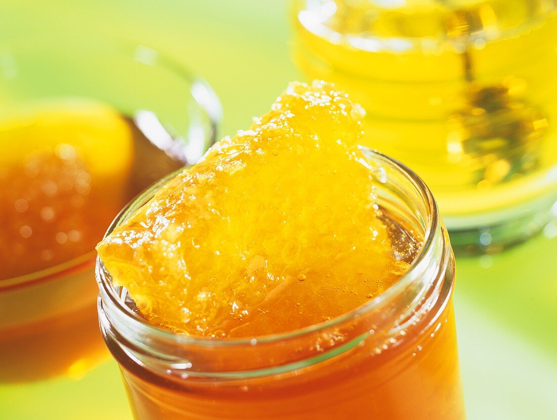 Honey with honeycomb in a jar