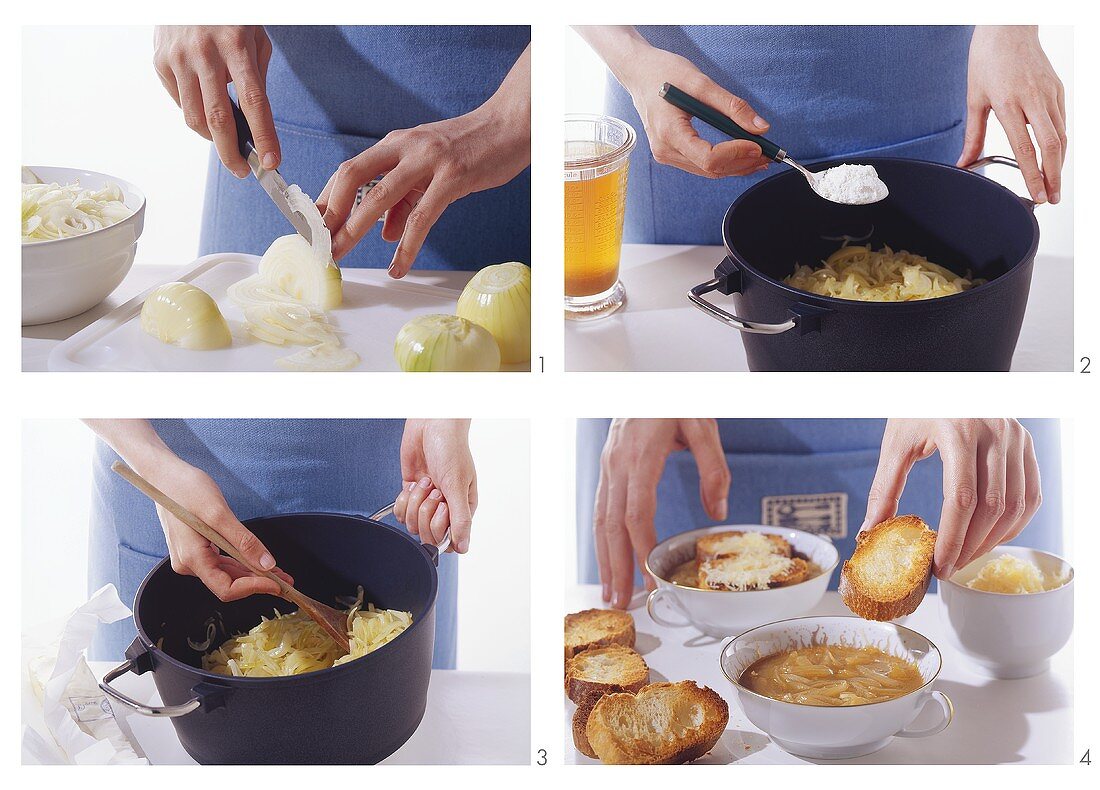 Zwiebelsuppe mit Käsebaguette zubereiten