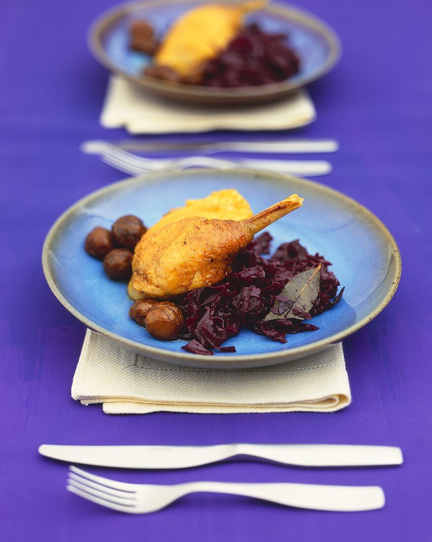 Capon with sweet chestnuts and red cabbage