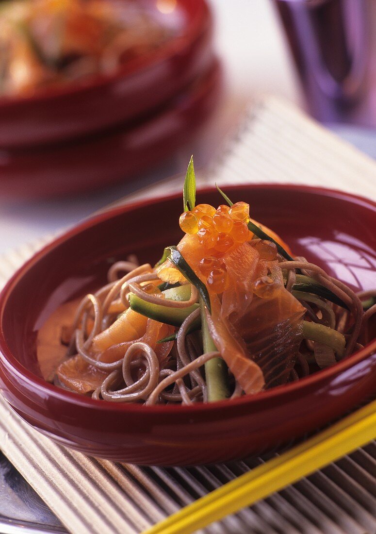 Udon noodles with salmon and trout caviar