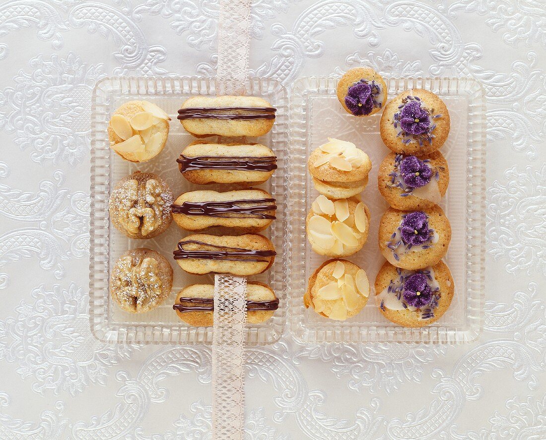 Chocolate-filled finger biscuits, lavender biscuits, almond duchesse biscuits