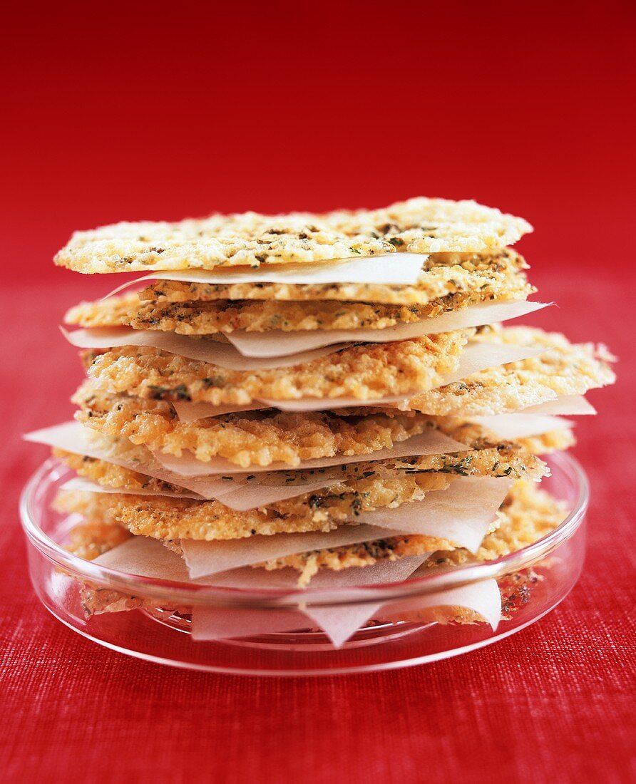 Parmesan wafers with herbs, stacked