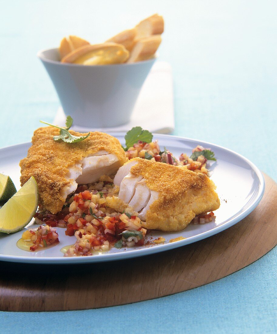 Breaded fish fillet with pepper salsa