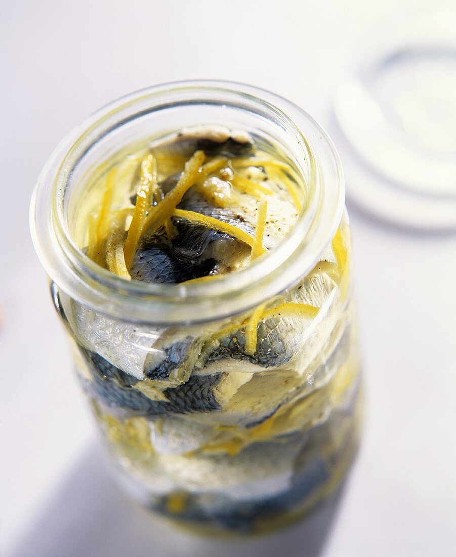 Pickled herrings with lemon zest in preserving jar