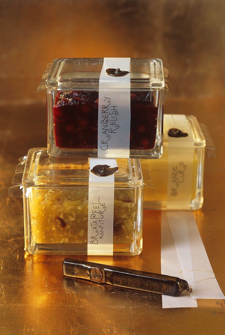 Relish, jam and orange curd in jars to give as gifts