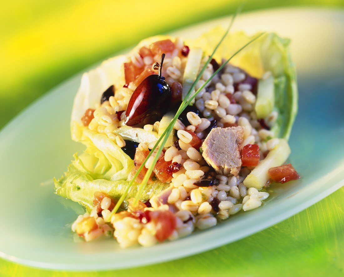 Gerstensalat mit Gemüse und gebratenem Thunfisch