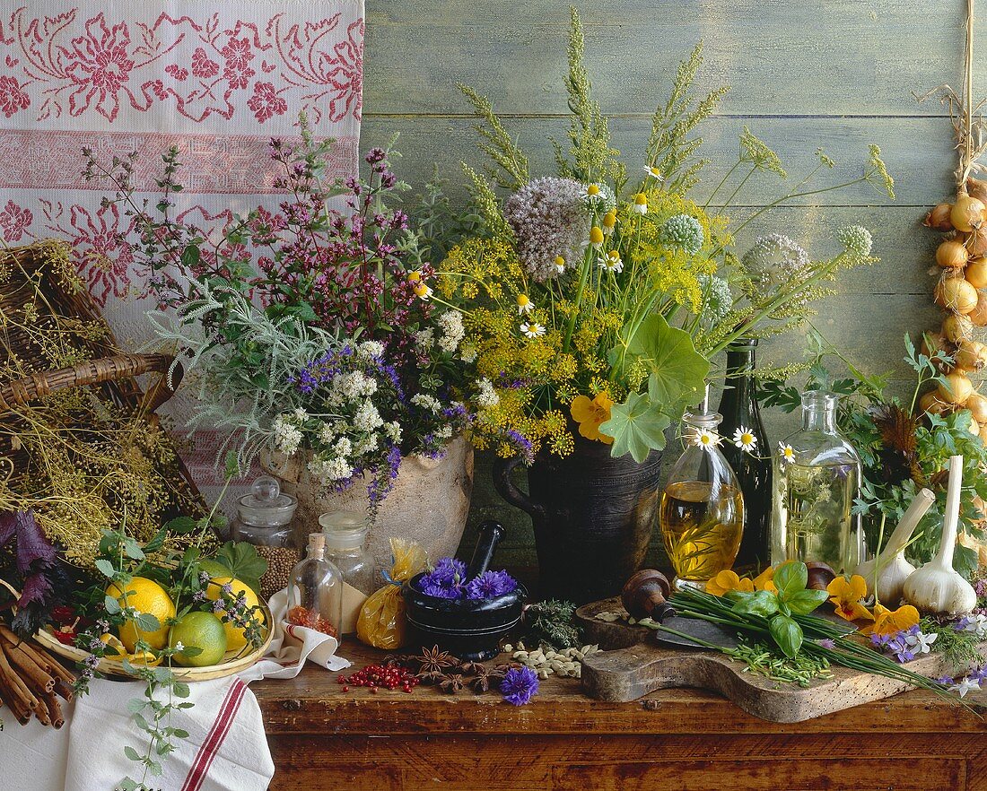 Still life with various herbs, spices and oils