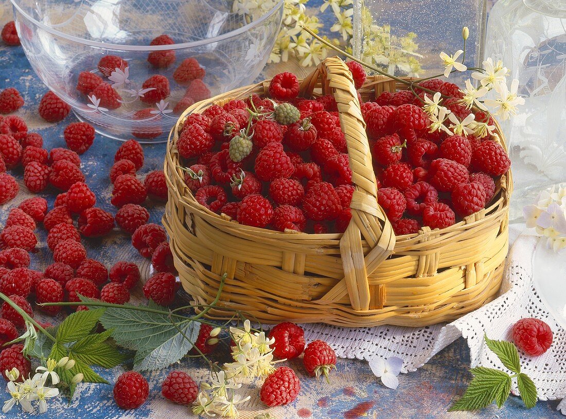 A small basket of fresh raspberries