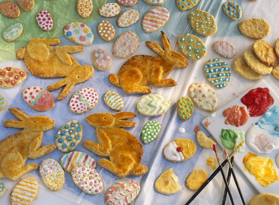 Easter baking: Easter Bunnies and decorated Easter eggs