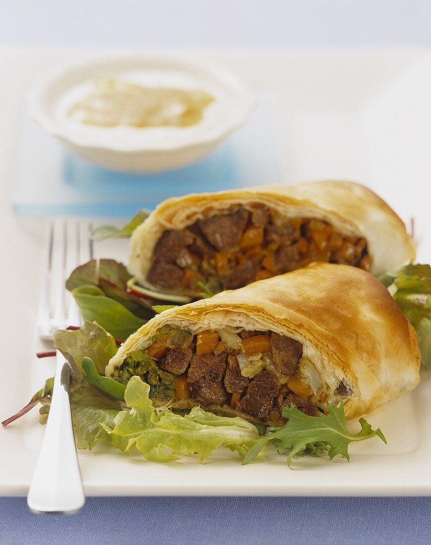 Lamb and vegetables in filo pastry