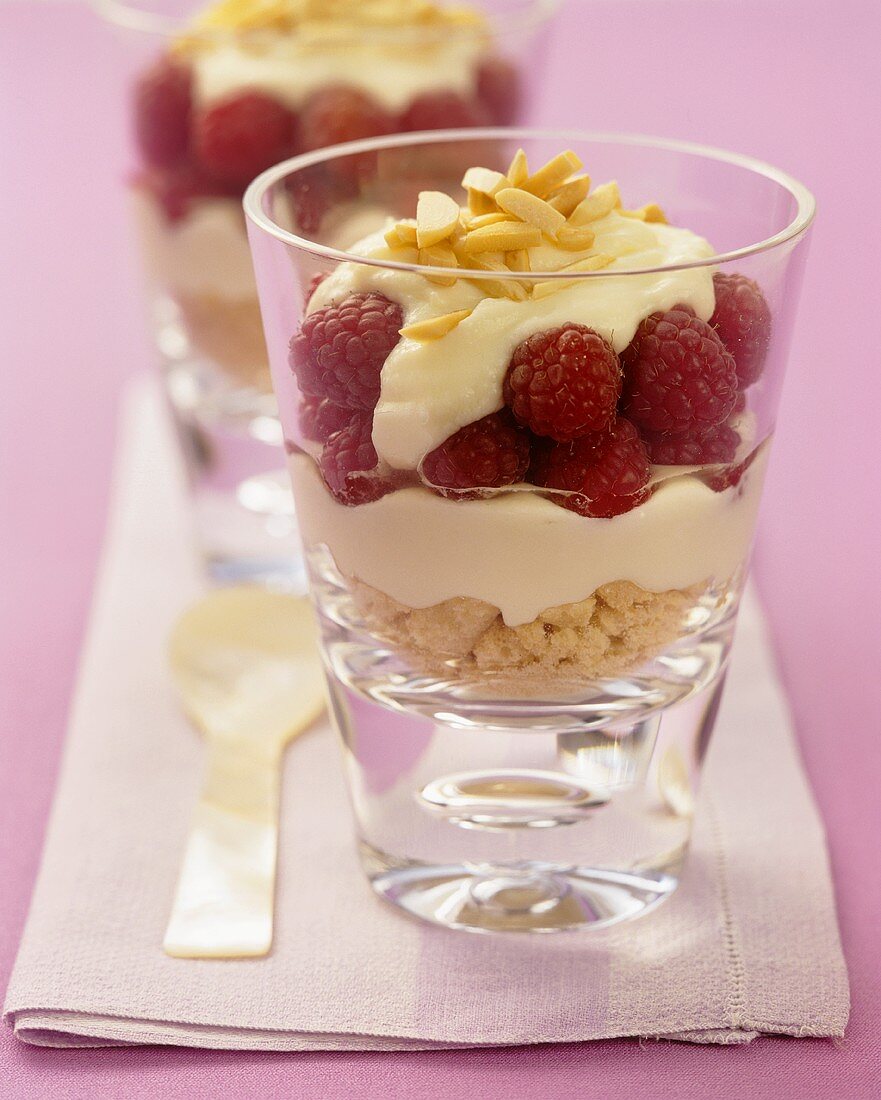 Layered dessert of raspberries, yoghurt and white chocolate