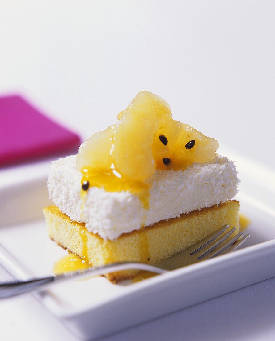 Coconut marshmallow slice with pineapple and passion fruit