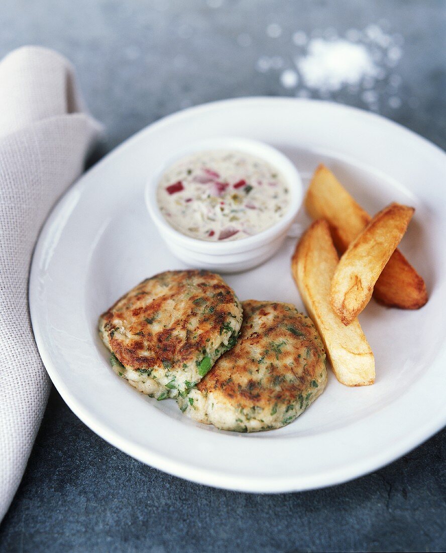 Fish cakes with chips and remoulade sauce