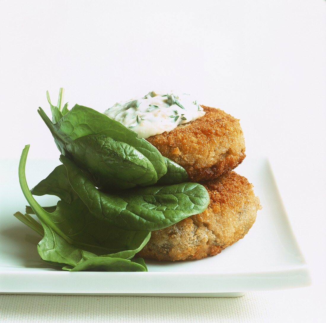 Fischfrikadellen mit Sauce tartare und Babyspinat