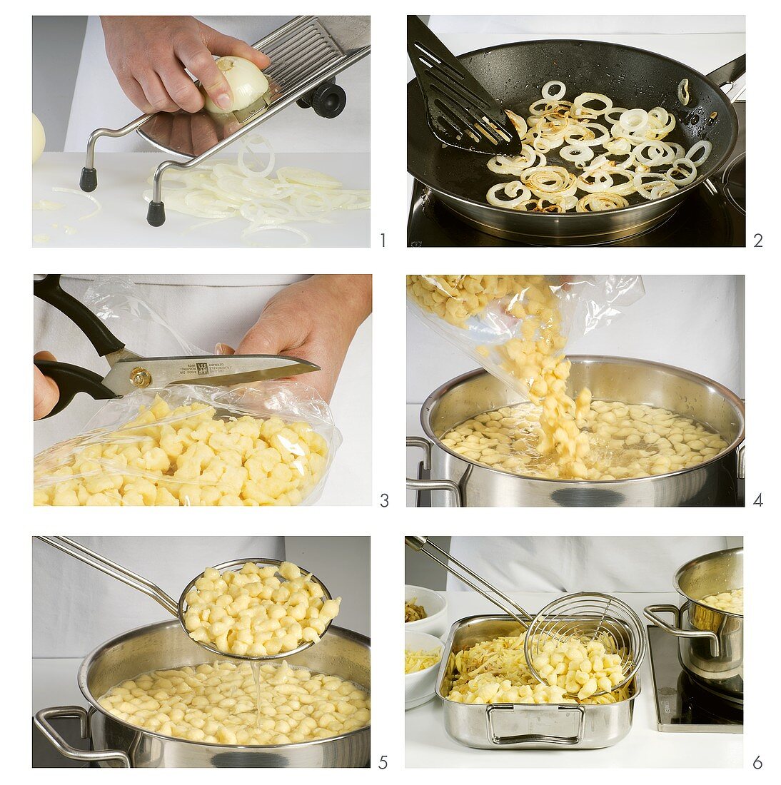 Making cheese spaetzle (noodles) with fried onion