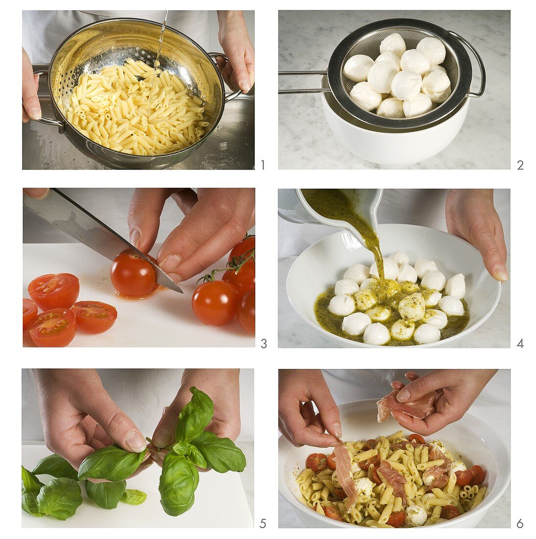 Making pasta salad with mozzarella, pesto and Parma ham