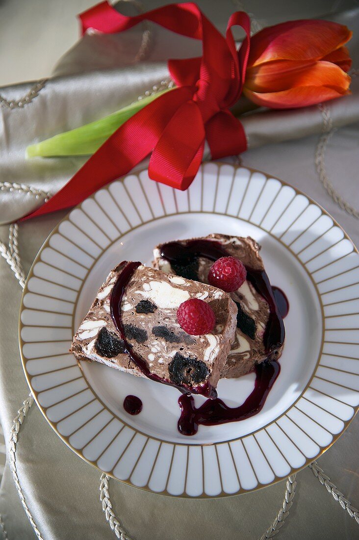 Chocolate terrine with raspberries for Valentines day