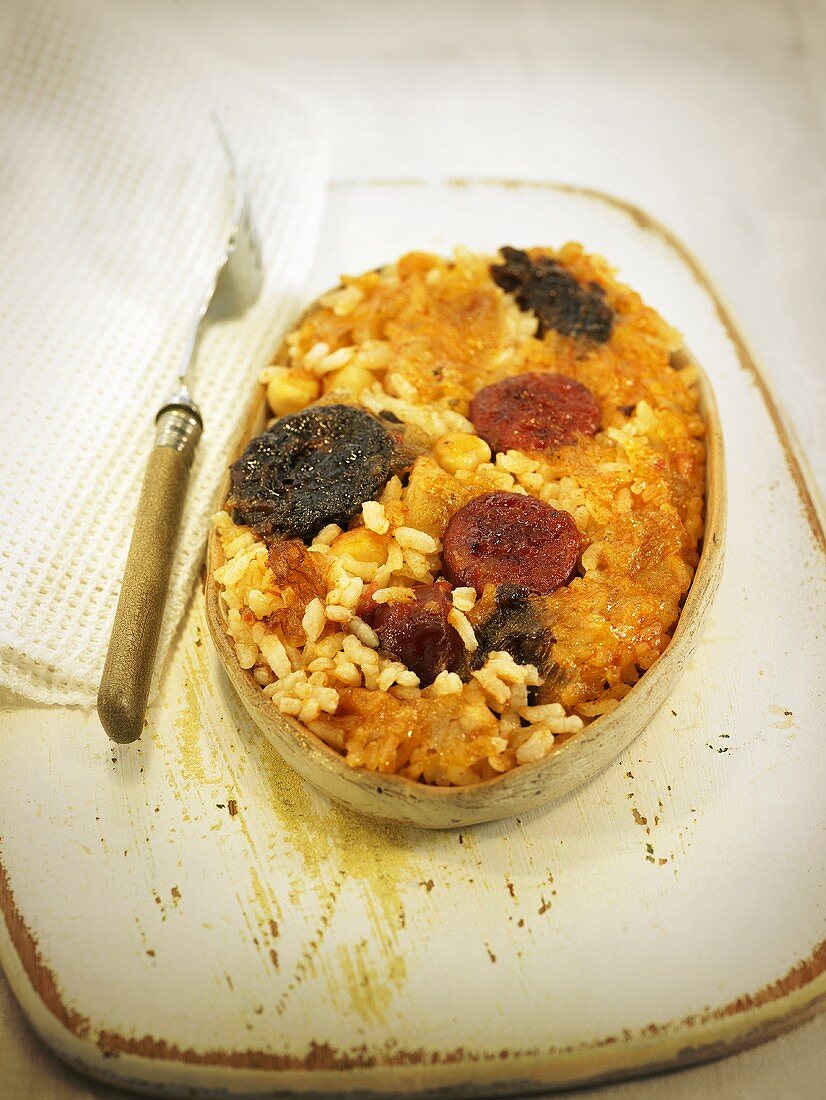 Arroz al horno (oven baked rice, Spain) with chorizo and morcilla