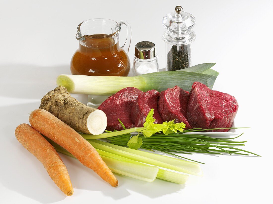 Ingredients for boiled beef fillet with vegetables