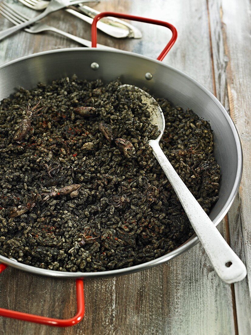 Arroz negro (black rice with seafood, Spain)