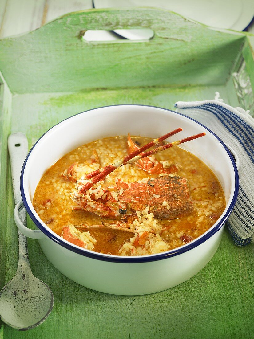 Arroz caldoso (rice soup, Spain) with seafood