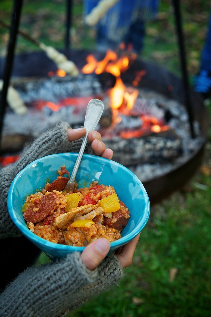 Rice stew with chicken, sausage and pepper